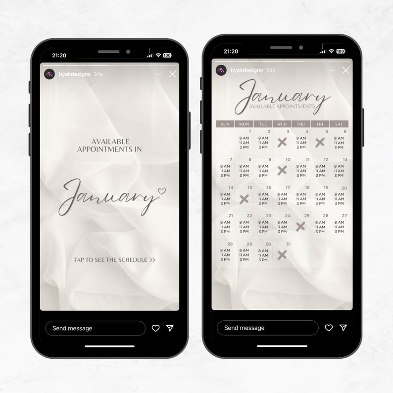 May include: Two smartphone screens displaying a calendar for January appointments. The first screen shows the text "AVAILABLE APPOINTMENTS IN January" with a heart symbol. The second screen is a calendar with available time slots.