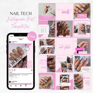 Peut inclure: Un ensemble de modèles de publication Instagram conçus pour les techniciens des ongles. Les modèles présentent des images de mains manucurées avec différents motifs d'art d'ongles, notamment des imprimés animaliers, des paillettes et des motifs abstraits. Les modèles incluent également des éléments de texte tels que "But first... nails", "When in doubt just add glitter", et "Special offer! 15% off".