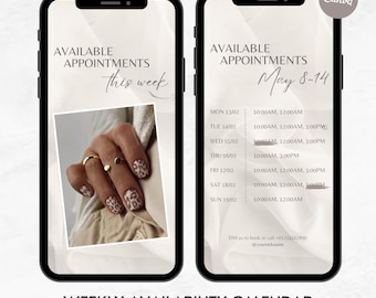 May include: A weekly availability calendar for appointments, with dates and times listed for each day of the week. The calendar is displayed on a smartphone screen with a background image of a hand with leopard print nail polish.