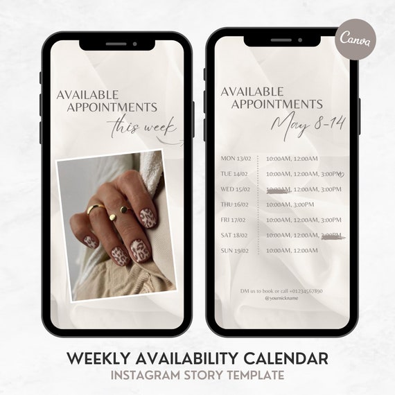 Weekly Availability Calendar, Nail Tech Appointments Calendar, Beige Silk Available Appointments, Instagram Story Calendar Template Lashes - Etsy