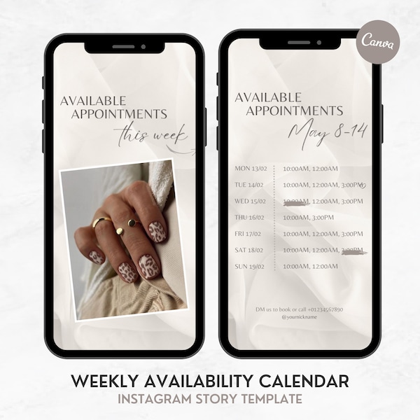Weekly Availability Calendar, Nail Tech Appointments Calendar, Beige Silk Available Appointments, Instagram Story Calendar Template Lashes