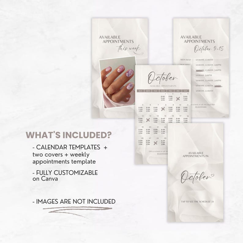 May include: Digital calendar templates with a soft, neutral color palette. The design includes weekly appointment templates, two covers, and a calendar for October. The text reads "Available Appointments" and "October".