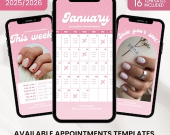 2026 Instagram Story Availability Calendar Template: Lash, Nail Tech, Hairdresser (Digital Download)