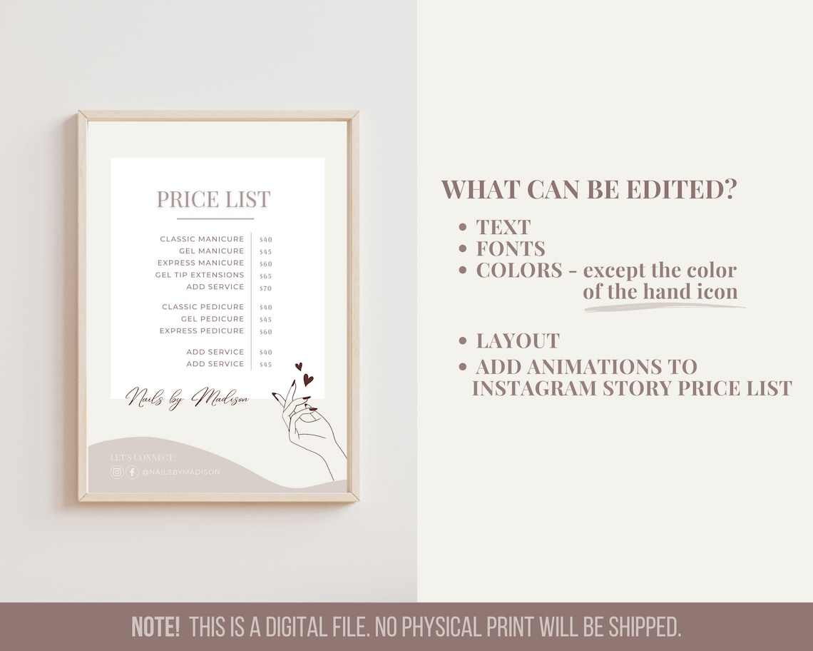 Nail Tech Price List, Canva Template Price List, Elegant Price List