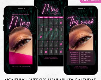 Lash Tech Instagram Calendar Template, Monthly Availability Calendar Tropical, Lash Appointments Weekly Available, Calendar Bundle Nail Tech