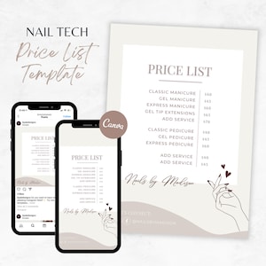 Op de afbeelding: Een digitale prijslijst sjabloon voor nagelstudio's, weergegeven op een telefoon en een afgedrukte pagina. De prijslijst bevat diensten zoals manicures, pedicures en gel tip extensions. Het ontwerp is in neutrale tinten.