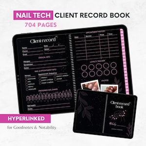Carnet de notes client Nail Tech : agenda numérique noir et rose (Goodnotes, Notability)