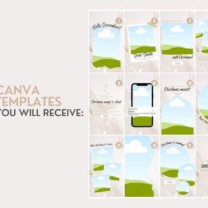 May include: A collection of twelve digital social media templates featuring beige backgrounds with light green landscape illustrations, white clouds, and various text overlays including Hello December, Dear Santa, and Christmas is coming.