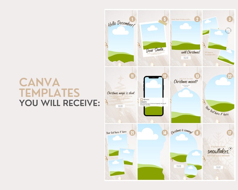 May include: A collection of twelve digital social media templates featuring beige backgrounds with light green landscape illustrations, white clouds, and various text overlays including Hello December, Dear Santa, and Christmas is coming.