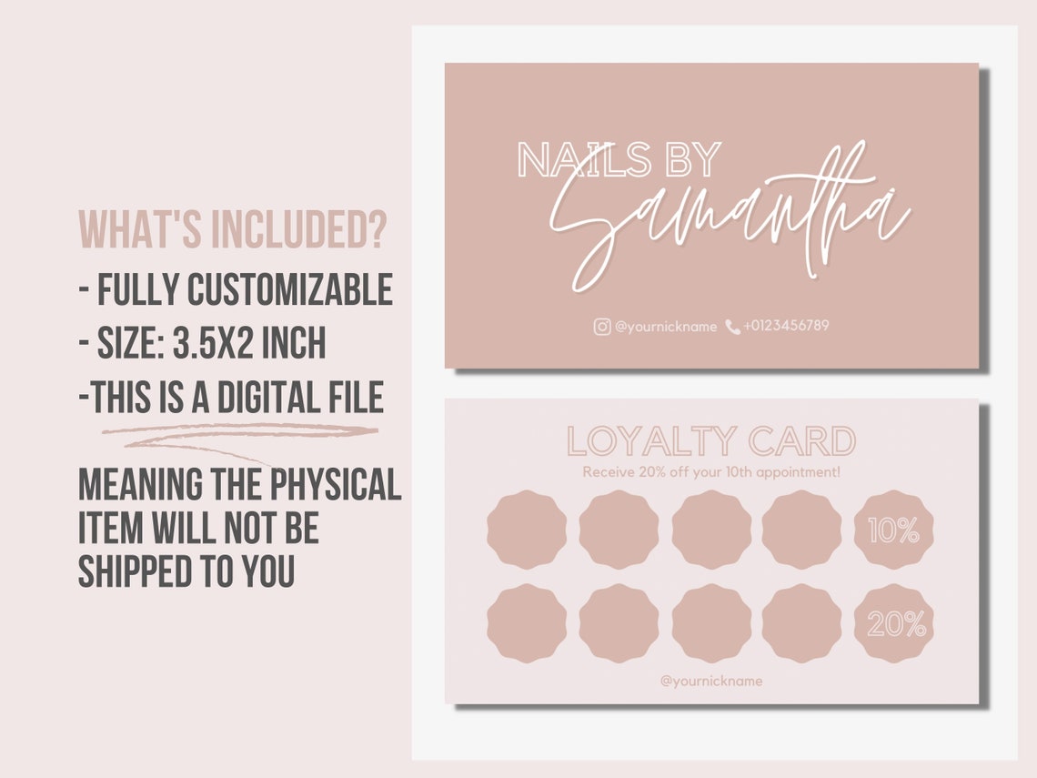 Loyalty Card Nail Tech, Customer Reward Cards, Printable Loyalty Card ...