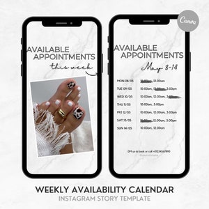 Weekly Availability Calendar, White Marble Available Appointments, I Nail Tech Appointments Calendar, Instagram Calendar Template Lashes