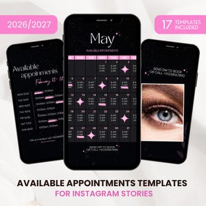 May include: Three smartphones showing appointment templates for Instagram Stories. The screens display a May calendar, appointment listings, and an eye graphic. Text includes "Available Appointments Templates" and "17 Templates Included."