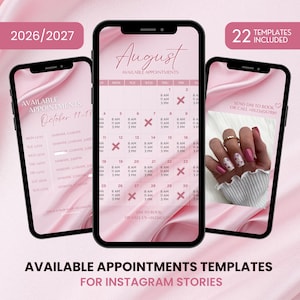 Instagram Story Kalender 2026/2027 van Pink Silk, sjabloon voor het boeken van wimperafspraken, beschikbaarheidskalender voor nagelstylisten (digitale download)