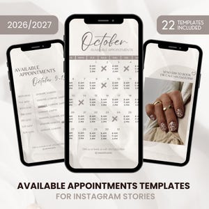 May include: Three smartphone screens displaying digital appointment scheduling templates for October 2026/2027. The designs feature a calendar grid, lists of available times, and a photo placeholder with text reading 22 TEMPLATES INCLUDED.