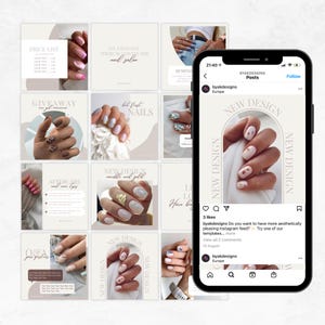 May include: A collection of Instagram post templates for a nail salon. The templates feature images of manicured nails with different designs, including marble and gold, and a quote about nail salons. The text "New Design" appears on several of the templates.