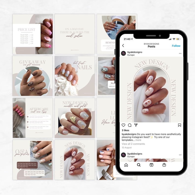 May include: A collection of Instagram post templates for a nail salon. The templates feature images of manicured nails with different designs, including marble and gold, and a quote about nail salons. The text "New Design" appears on several of the templates.