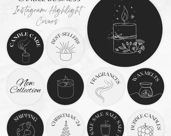 Op de afbeelding: Zwart-witte illustraties van kaarsen en kaarsgerelateerde artikelen, waaronder een kaars met een vlam, een kaars met een lont, een kaars met een geur, een kaars met een pot, een kaars met een wax melt, een kaars met een verzendlabel, een kaars met een kerstboom, een kaars met een verkoopprijs en een kaars met een bel. De tekst "CANDLE BUSINESS" en "Instagram Highlight Covers" staat bovenaan de afbeelding.