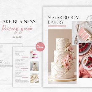 May include: A cake business pricing guide with the text "Cake Business Pricing guide - 12 pages". The guide includes images of cakes and the text "Sugar Bloom Bakery". A pink Canva logo is also visible.