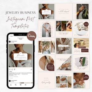 Puede incluir: Una colección de 16 plantillas de publicaciones de Instagram para un negocio de joyería. Las plantillas presentan una variedad de imágenes, que incluyen joyas, flores y superposiciones de texto. Las plantillas están diseñadas para ser utilizadas en las redes sociales para promover las ventas y los regalos de joyas.