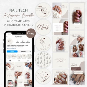 May include: A collection of Instagram templates for nail technicians. The templates feature various designs, including a price list, client love, new designs, and a Q&A section. The templates are in a minimalist style with a neutral color palette.