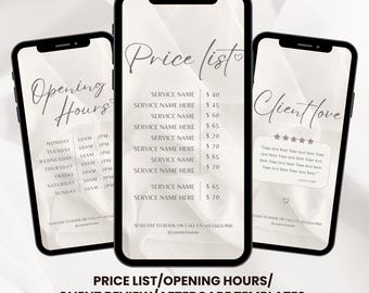 Instagram Story Price List, Opening Hours, Client Review Aftercare Templates, Beige Silk Nail Tech Story, Lash Tech Beauty Salon