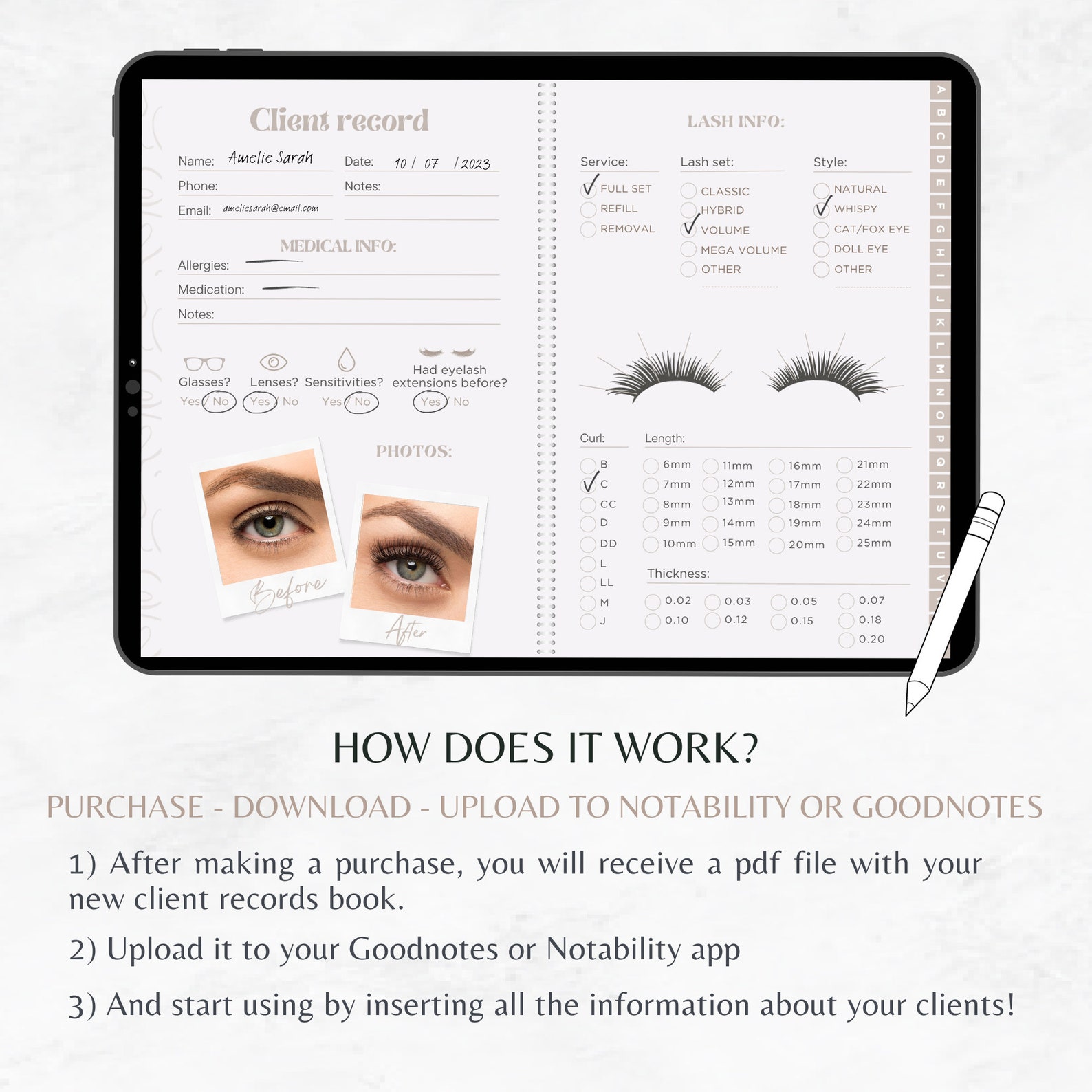 Digital Client Record Book, Lash Tech Client Records, Goodnotes Lash