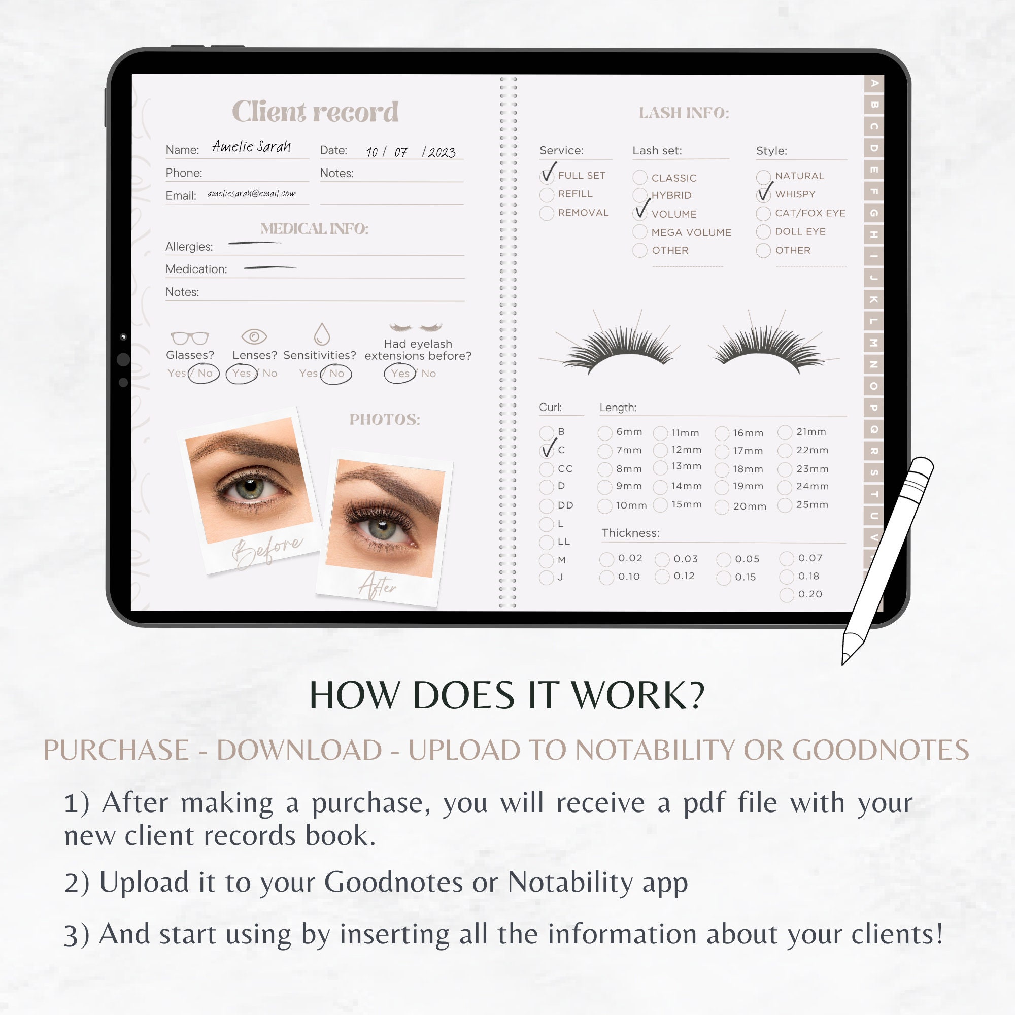 Digital Client Record Book, Lash Tech Client Records, Goodnotes Lash