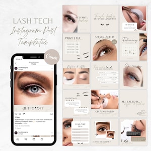 May include: A collection of Instagram post templates for lash technicians. The templates feature images of eyes with eyelash extensions, text overlays, and a neutral beige background.
