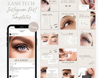 Puede incluir: Una colección de plantillas de publicaciones de Instagram para técnicos de pestañas. Las plantillas presentan imágenes de ojos con extensiones de pestañas, superposiciones de texto y un fondo beige neutro.