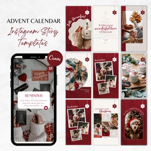 Christmas Advent Template Instagram Story, Advent Calendar Template Red, Holiday Instagram Story Templates, Christmas Story Instagram Idea