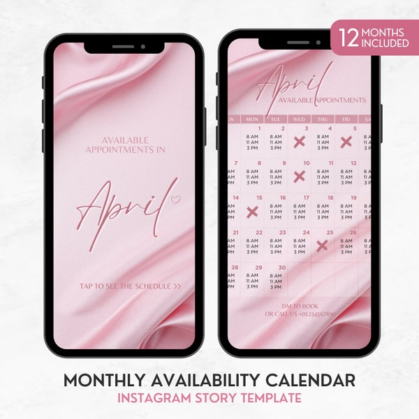 Instagram Story Kalender, Vorlage für verfügbare Termine Pink Silk, Nail Tech Kalender, Lash Terminkalender, Monatlicher Buchungskalender