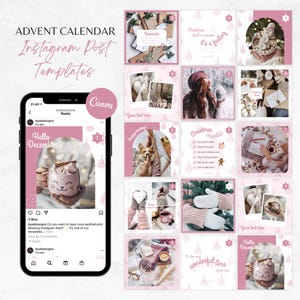 Könnte beinhalten: Rosa Instagram-Post-Vorlagen für einen Adventskalender mit verschiedenen Bildern und Texten zum Thema Feiertage. Ein Smartphone zeigt einen Post mit einer Tasse heißer Schokolade. Das Wort "Canva" ist sichtbar.