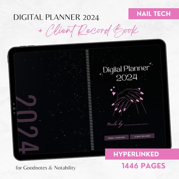 Nail Tech Planner 2024, Hyperlinked Digital Planner Black, Nail Tech Client Record Book, Digital Appointment Book, Nail Goodnotes Planner