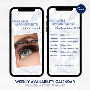 Weekly Availability Calendar, Blue Floral Available Appointments, Instagram Booking Schedule, Nail Tech Appointments Calendar, Lash Tech IG