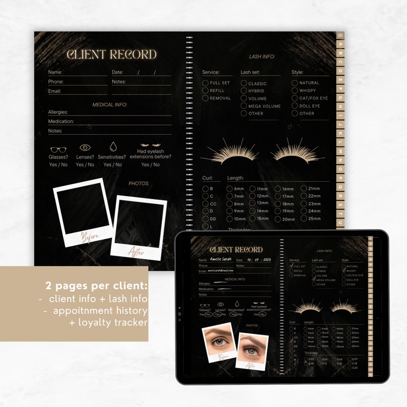 Lash Pages Lash Tech Client Record Book: Hyperlinked Black & Gold Planner for ...