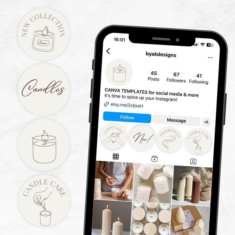 Op de afbeelding: Een telefoonscherm waarop een social media pagina voor een kaarsenbedrijf wordt weergegeven. De pagina heeft een profielfoto van een kaars, een bannerafbeelding met de tekst "CANVA TEMPLATES for social media & more" en verschillende highlight-iconen met kaarsgerelateerde thema's. De pagina bevat ook een link naar de Etsy-winkel van het bedrijf.
