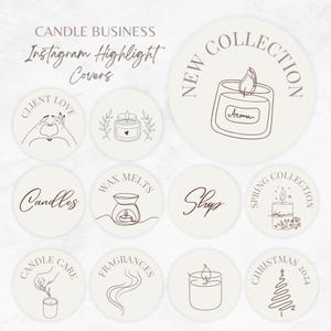 Op de afbeelding: Een set van 10 Instagram-highlightcovers voor een kaarsenbedrijf. De covers bevatten illustraties van kaarsen, wax melts en andere kaarsgerelateerde items. De tekst op de covers omvat "Nieuwe collectie", "Kaarsen", "Shop", "Lentecollectie", "Kerstmis 2024", "Klantliefde", "Wax melts", "Kaarsverzorging", "Geuren".