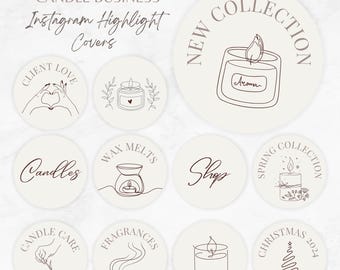 Puede incluir: Un conjunto de 10 cubiertas de resaltado de Instagram para un negocio de velas. Las cubiertas presentan ilustraciones de velas, ceras derretidas y otros artículos relacionados con las velas. El texto en las cubiertas incluye "Nueva colección", "Velas", "Tienda", "Colección de primavera", "Navidad 2024", "Amor del cliente", "Ceras derretidas", "Cuidado de las velas", "Fragancias".
