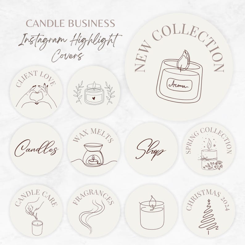 Op de afbeelding: Een set van 10 Instagram-highlightcovers voor een kaarsenbedrijf. De covers bevatten illustraties van kaarsen, wax melts en andere kaarsgerelateerde items. De tekst op de covers omvat "Nieuwe collectie", "Kaarsen", "Shop", "Lentecollectie", "Kerstmis 2024", "Klantliefde", "Wax melts", "Kaarsverzorging", "Geuren".