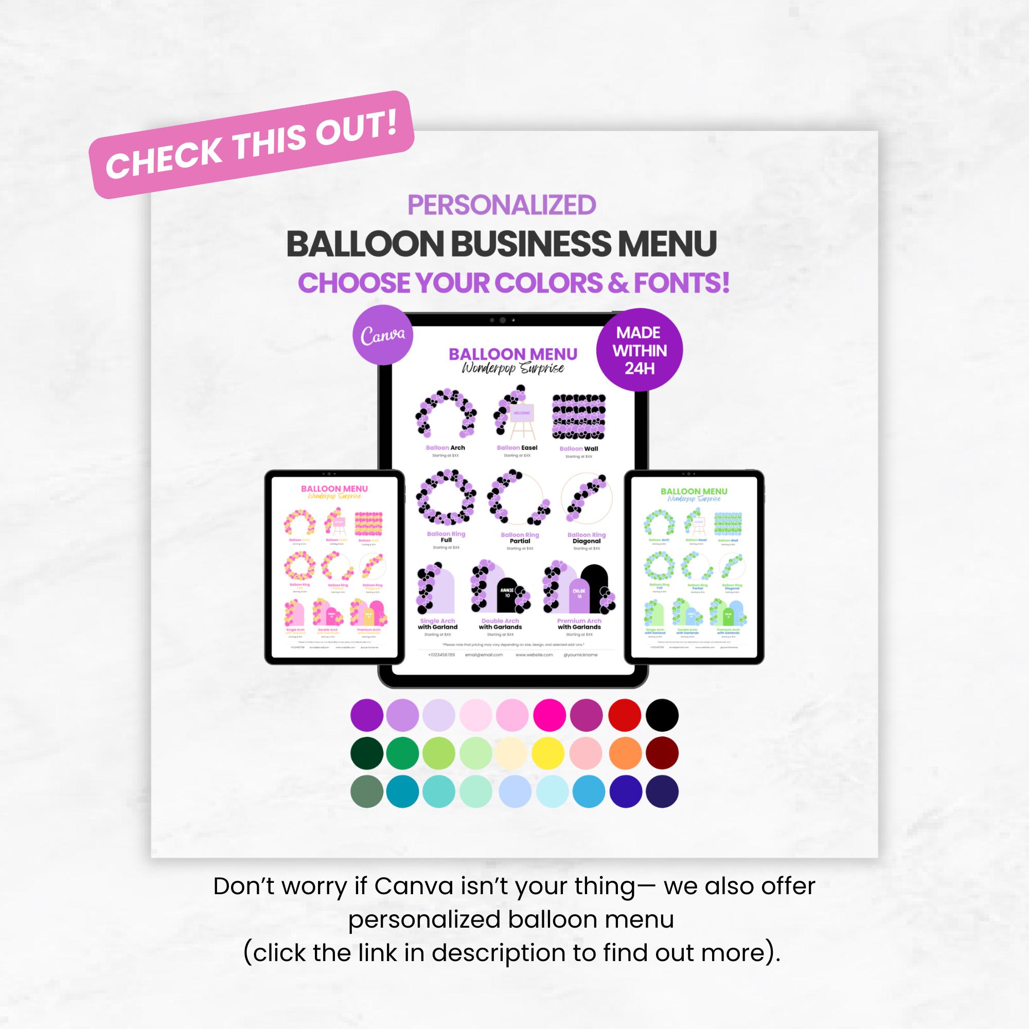 Custom Balloon Menu Editable Balloon Menu Mockup Template, Party Decor Price List, Balloon ...