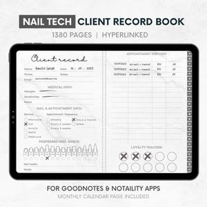 Digitaal klantenboek, Nail Tech-klantrecords, Goodnotes Nail Tech Planner, Hyperlinked Nail Tech Book, maandkalender wit marmer