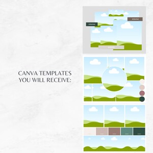 May include: Canva templates featuring a green hill and blue sky with white clouds. The templates are in a collage format with a color palette of green, brown, and white.
