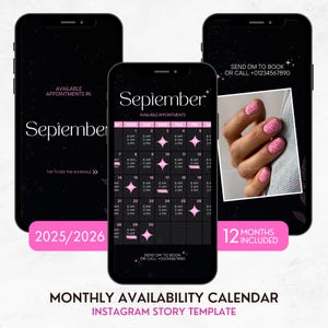 Nail Tech Availability Calendar 2025, Black Pink Instagram Available Appointments, Lash Tech Calendar Template, Appointment Calendar Booking