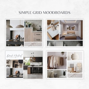 May include: A mood board with four images showcasing a dark neutral color palette. The images feature a kitchen with dark cabinets and wood countertops, a bedroom with a gray wall and a wooden bed frame, a closet with clothes hanging on a rack, and a living room with a white lamp and a gray sofa.