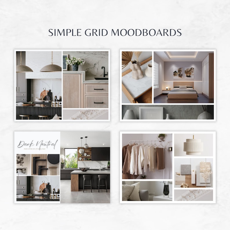 May include: A mood board with four images showcasing a dark neutral color palette. The images feature a kitchen with dark cabinets and wood countertops, a bedroom with a gray wall and a wooden bed frame, a closet with clothes hanging on a rack, and a living room with a white lamp and a gray sofa.
