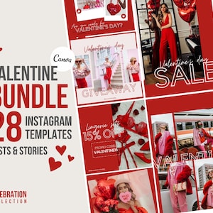 May include: A Valentine's Day social media template bundle with 28 Instagram posts and stories. The design features red and white elements, including hearts, text, and images of fashion and gifts. The text includes "Valentine Bundle," "Giveaway," and "Sale."