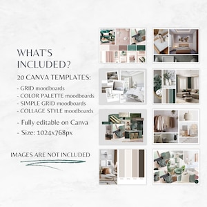 May include: A set of 20 Canva templates for mood boards, featuring different layouts and styles. The templates are fully editable and can be used to create mood boards for various purposes, such as interior design, fashion, and branding. The templates are 1024x768 pixels in size.