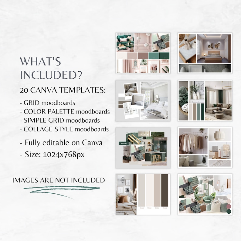 May include: A set of 20 Canva templates for mood boards, featuring different layouts and styles. The templates are fully editable and can be used to create mood boards for various purposes, such as interior design, fashion, and branding. The templates are 1024x768 pixels in size.