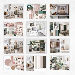 May include: Mood board with images and color swatches for a home decor design. The color palette is soft pink, green, and brown. The images include a bedroom, living room, and kitchen.