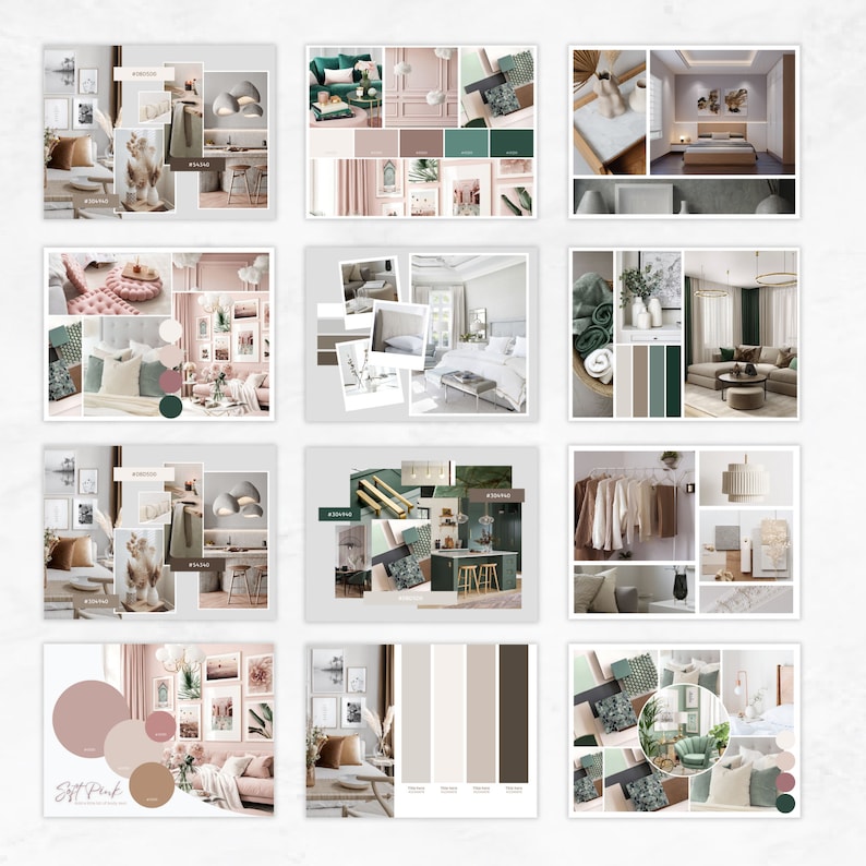 May include: Mood board with images and color swatches for a home decor design. The color palette is soft pink, green, and brown. The images include a bedroom, living room, and kitchen.